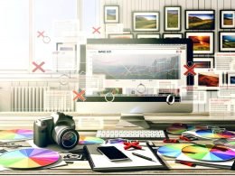 Arbeitsplatz mit Computerbildschirm zeigt SEO-Dashboard und den Titel 'Image SEO', daneben Kamera, Smartphone, Fotos, Notizbücher mit SEO-Notizen und Icons für Bildformate und Geschwindigkeit. Fehlerhafte Bilddateien werden aussortiert, ein Infografik-Overlay erklärt die Bildoptimierung.