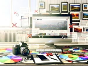 Arbeitsplatz mit Computerbildschirm zeigt SEO-Dashboard und den Titel 'Image SEO', daneben Kamera, Smartphone, Fotos, Notizbücher mit SEO-Notizen und Icons für Bildformate und Geschwindigkeit. Fehlerhafte Bilddateien werden aussortiert, ein Infografik-Overlay erklärt die Bildoptimierung.