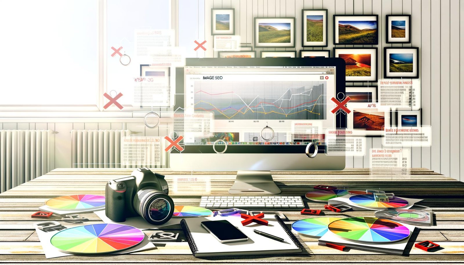 Arbeitsplatz mit Computerbildschirm zeigt SEO-Dashboard und den Titel 'Image SEO', daneben Kamera, Smartphone, Fotos, Notizbücher mit SEO-Notizen und Icons für Bildformate und Geschwindigkeit. Fehlerhafte Bilddateien werden aussortiert, ein Infografik-Overlay erklärt die Bildoptimierung.