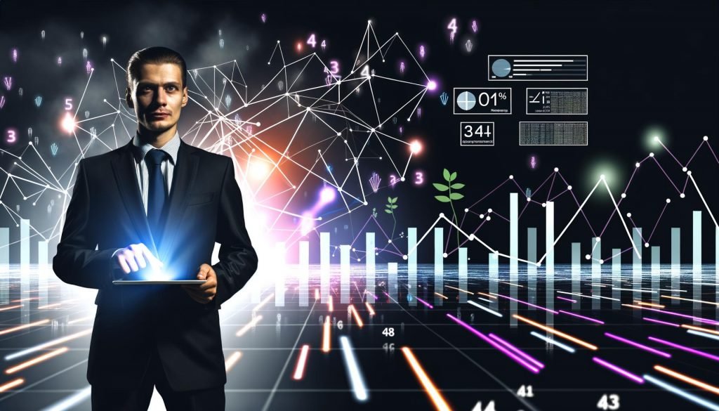 Business-Profi im Zentrum eines digitalen Netzwerks mit leuchtenden Linien, bunten Balkendiagrammen und interaktiven Dashboards auf einem Tablet.
