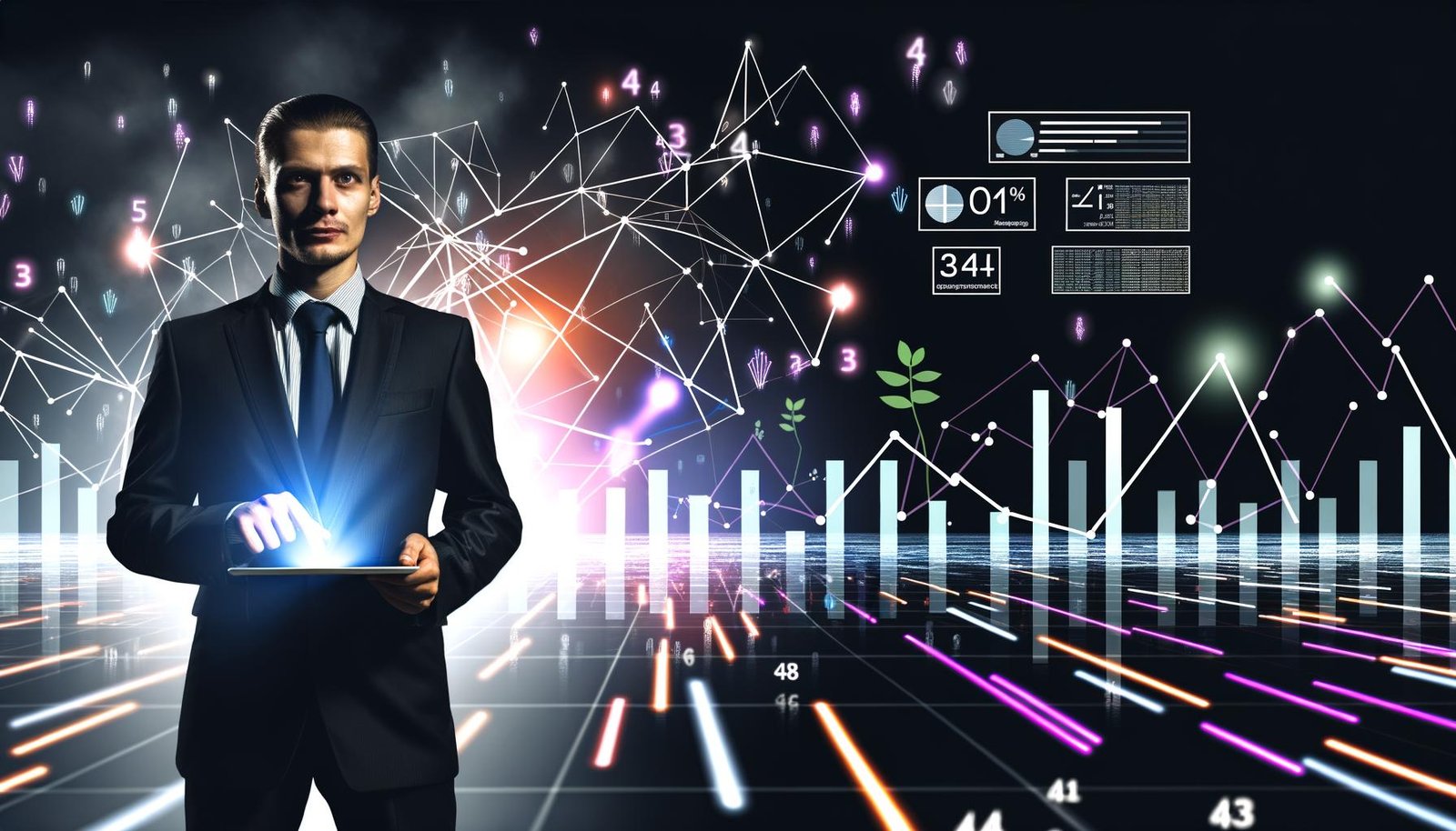 Business-Profi im Zentrum eines digitalen Netzwerks mit leuchtenden Linien, bunten Balkendiagrammen und interaktiven Dashboards auf einem Tablet.