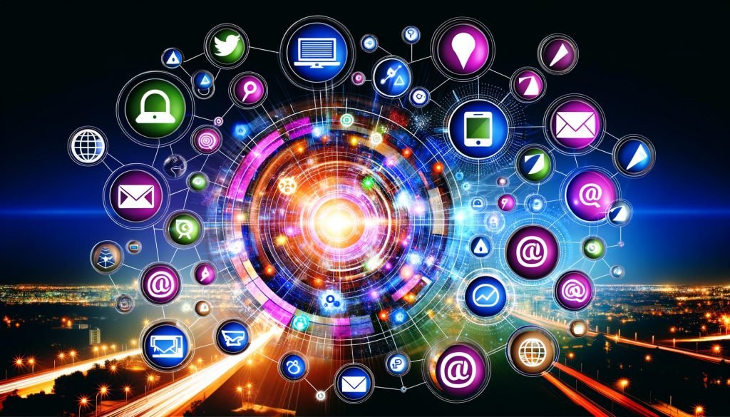 Lebendige Collage digitaler Marketingelemente mit Social Media Icons, Google Ads, CRM-Dashboard und digitalen Endgeräten vor einer nächtlichen Großstadtszenerie.