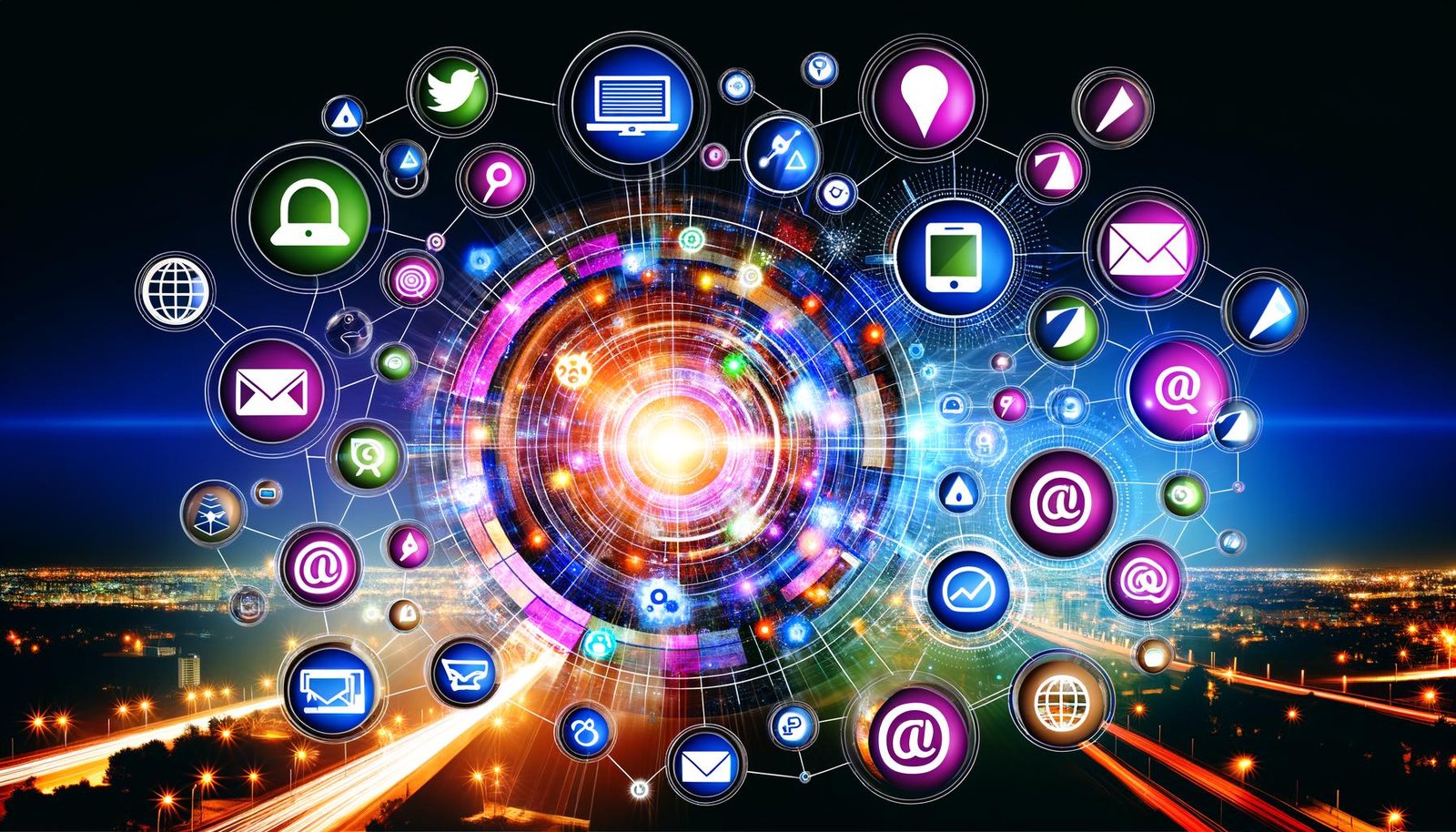 Lebendige Collage digitaler Marketingelemente mit Social Media Icons, Google Ads, CRM-Dashboard und digitalen Endgeräten vor einer nächtlichen Großstadtszenerie.