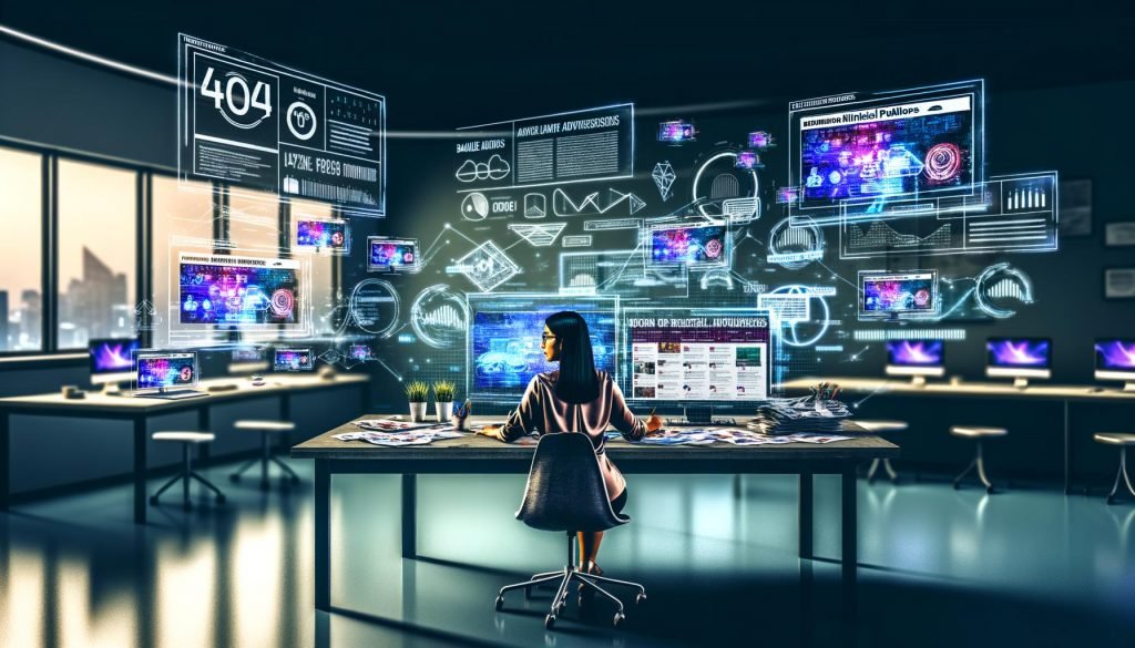 Futuristischer Arbeitsplatz eines digitalen Publishers mit holografischen Charts, Werbebannern und Analytics-Dashboards vor mehreren Bildschirmen.