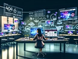 Futuristischer Arbeitsplatz eines digitalen Publishers mit holografischen Charts, Werbebannern und Analytics-Dashboards vor mehreren Bildschirmen.