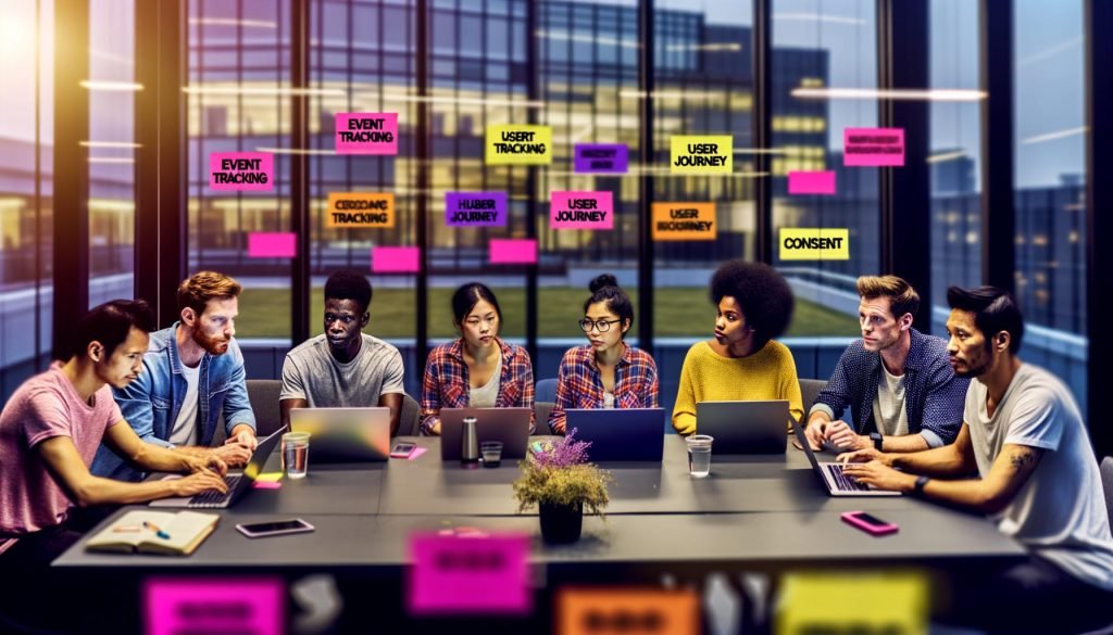 Junges, dynamisches Team arbeitet an Laptops mit Dashboards und Diagrammen im modernen Büro. Post-its mit Fachbegriffen an einer Glaswand im Hintergrund.