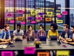 Junges, dynamisches Team arbeitet an Laptops mit Dashboards und Diagrammen im modernen Büro. Post-its mit Fachbegriffen an einer Glaswand im Hintergrund.