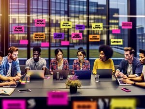 Junges, dynamisches Team arbeitet an Laptops mit Dashboards und Diagrammen im modernen Büro. Post-its mit Fachbegriffen an einer Glaswand im Hintergrund.