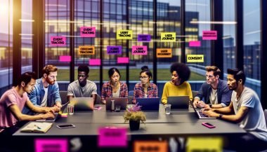 Junges, dynamisches Team arbeitet an Laptops mit Dashboards und Diagrammen im modernen Büro. Post-its mit Fachbegriffen an einer Glaswand im Hintergrund.