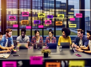 Junges, dynamisches Team arbeitet an Laptops mit Dashboards und Diagrammen im modernen Büro. Post-its mit Fachbegriffen an einer Glaswand im Hintergrund.