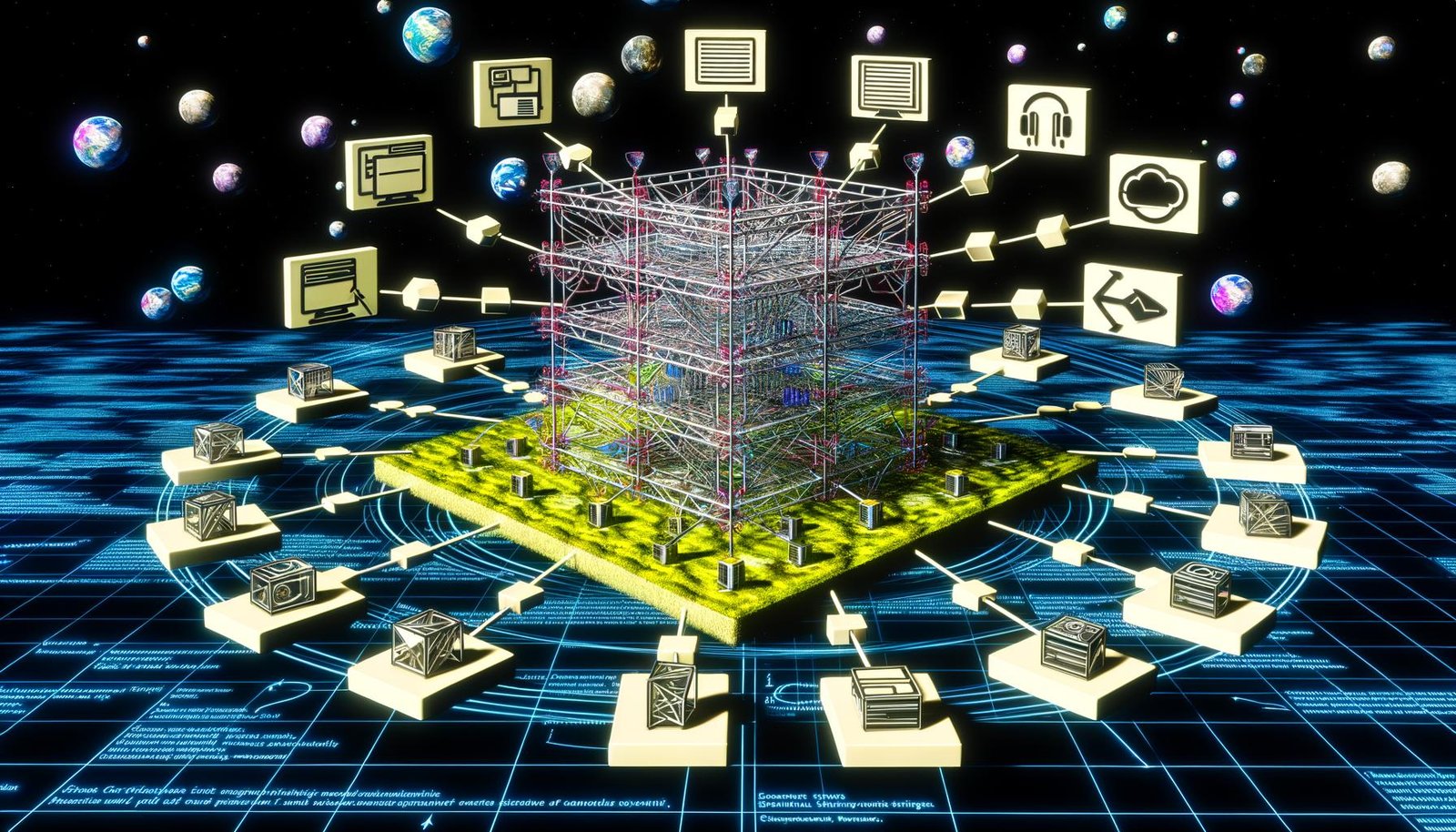 Illustration eines modernen Blog-Frameworks mit leuchtender Gerüststruktur, umgeben von Icons für CMS, APIs, Plugins, Rendering-Strategien und SEO-Tools, auf technischer Blaupausen-Kulisse.