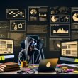 SEO-Experte im Hoodie arbeitet an einem modernen Arbeitsplatz mit mehreren Monitoren, Screaming Frog-Laptop, Datenvisualisierungen, Fachbüchern und projizierten SEO-Analysen im Hintergrund.