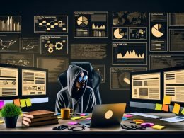 SEO-Experte im Hoodie arbeitet an einem modernen Arbeitsplatz mit mehreren Monitoren, Screaming Frog-Laptop, Datenvisualisierungen, Fachbüchern und projizierten SEO-Analysen im Hintergrund.