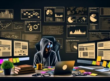 SEO-Experte im Hoodie arbeitet an einem modernen Arbeitsplatz mit mehreren Monitoren, Screaming Frog-Laptop, Datenvisualisierungen, Fachbüchern und projizierten SEO-Analysen im Hintergrund.