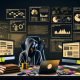 SEO-Experte im Hoodie arbeitet an einem modernen Arbeitsplatz mit mehreren Monitoren, Screaming Frog-Laptop, Datenvisualisierungen, Fachbüchern und projizierten SEO-Analysen im Hintergrund.