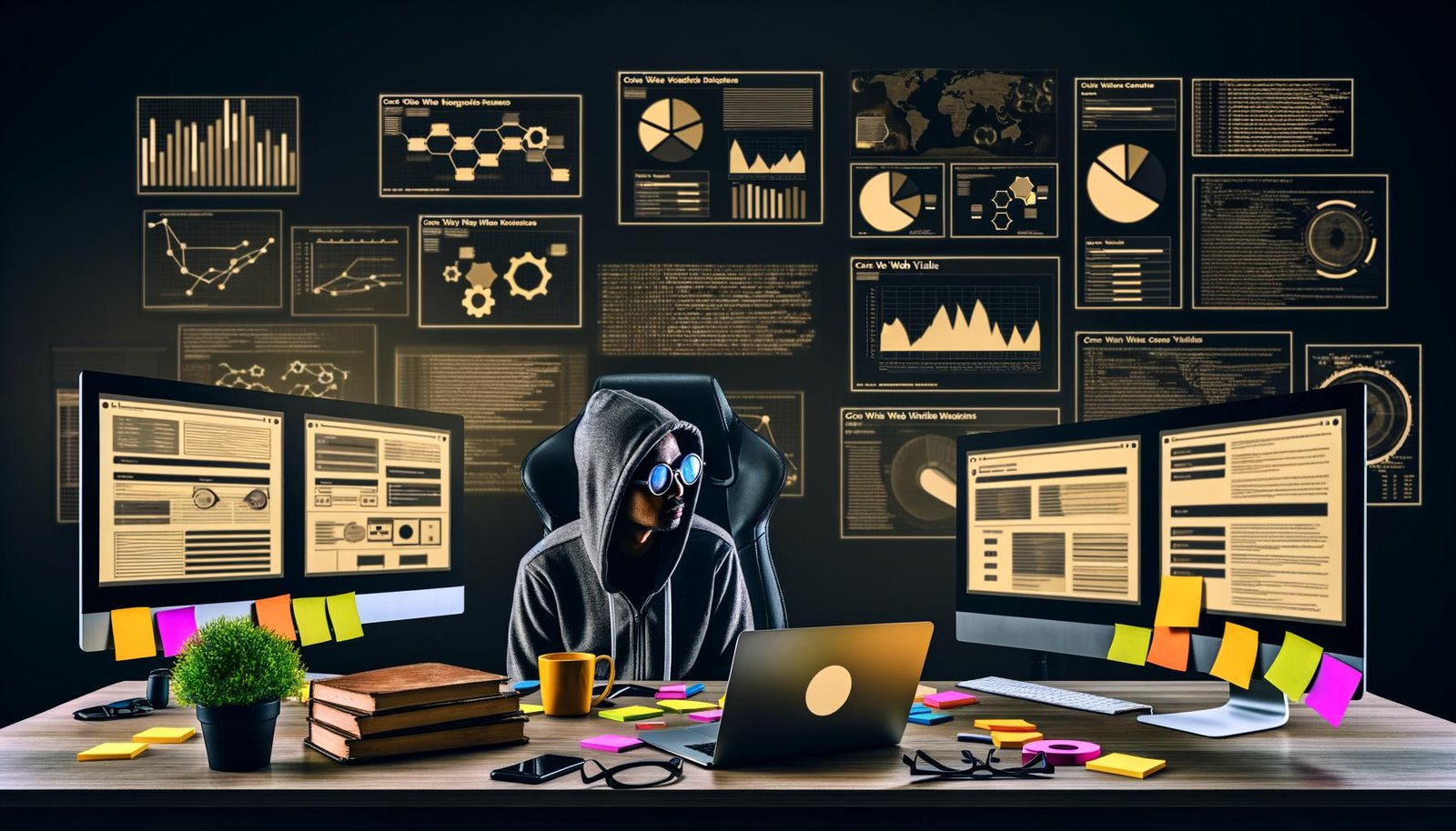 SEO-Experte im Hoodie arbeitet an einem modernen Arbeitsplatz mit mehreren Monitoren, Screaming Frog-Laptop, Datenvisualisierungen, Fachbüchern und projizierten SEO-Analysen im Hintergrund.