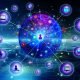 Abstrakte 360-Grad-Daten-Sphäre mit vernetzten Marketing-Icons und Teammitgliedern, die mit Laptops und Tablets zusammenarbeiten, in glänzenden Blau- und Violetttönen.