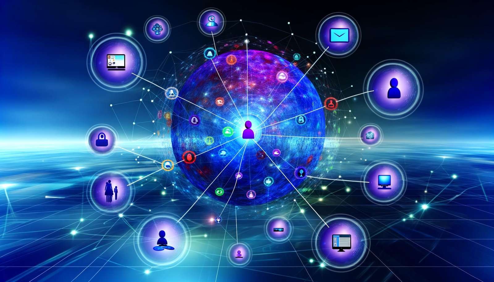 Abstrakte 360-Grad-Daten-Sphäre mit vernetzten Marketing-Icons und Teammitgliedern, die mit Laptops und Tablets zusammenarbeiten, in glänzenden Blau- und Violetttönen.
