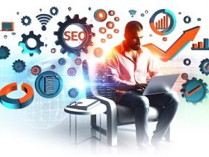 Grafisch reduzierte Illustration eines Bloggers, der am Laptop arbeitet, umgeben von Symbolen für SEO, Technik, Content-Strategie und Wachstum in dynamischer, klarer Farbgestaltung.