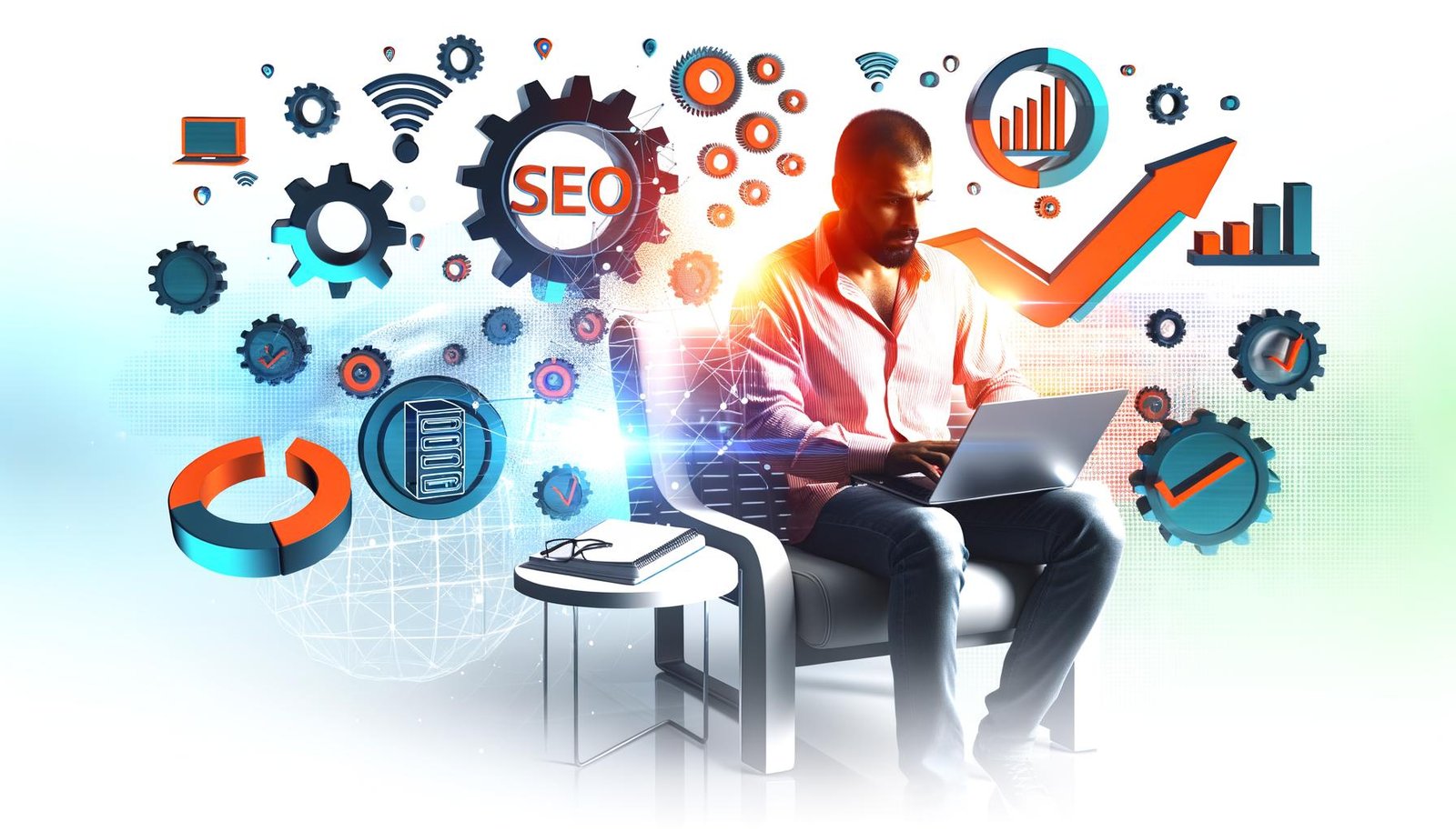 Grafisch reduzierte Illustration eines Bloggers, der am Laptop arbeitet, umgeben von Symbolen für SEO, Technik, Content-Strategie und Wachstum in dynamischer, klarer Farbgestaltung.