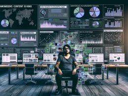 Publisher im modernen Büro analysiert Analytics-Dashboards, Werbegrafiken und programmatische Ad-Flows an mehreren Monitoren.