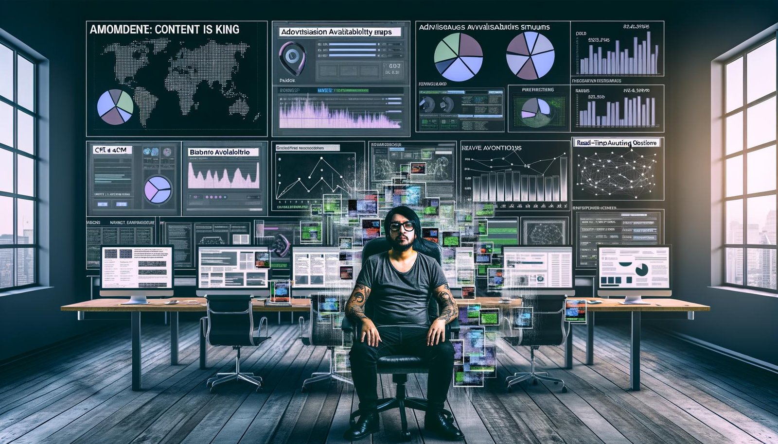 Publisher im modernen Büro analysiert Analytics-Dashboards, Werbegrafiken und programmatische Ad-Flows an mehreren Monitoren.