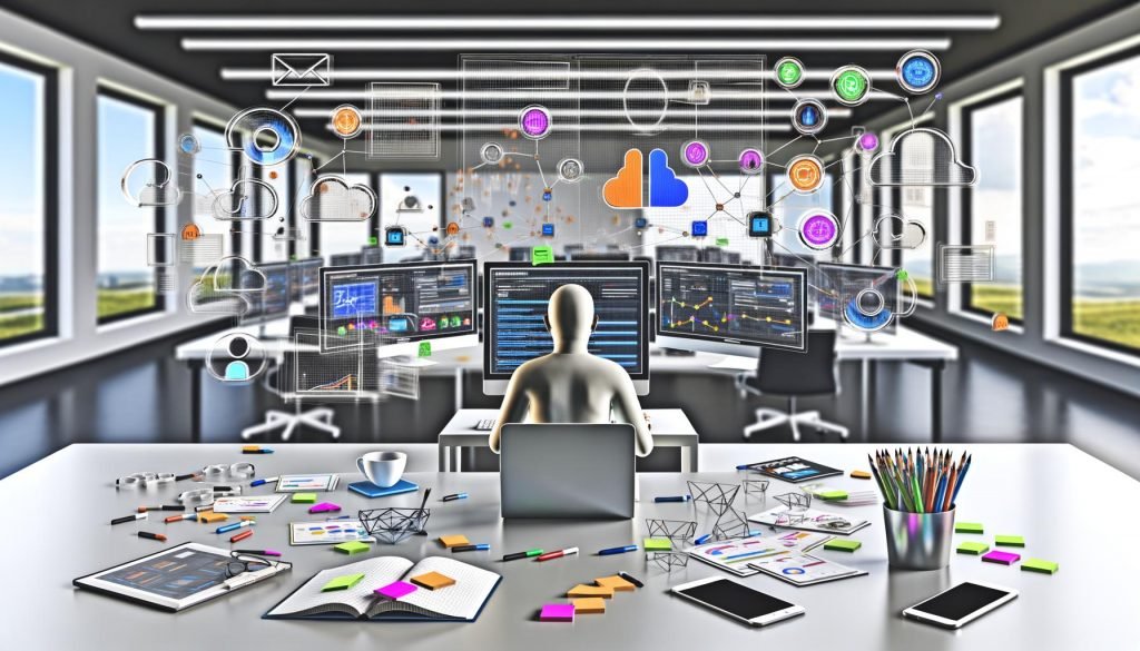 Ein Marketer arbeitet konzentriert an einem großen, hellen Schreibtisch voller Notizen und Geräte. Im Hintergrund Monitore mit komplexen Tracking-Dashboards, Heatmaps, Datencharts und abstrahierten Data Layer-Icons, umgeben von schwebenden Consent-Popups und digitalen Werbeanzeigen.