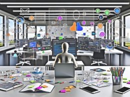 Ein Marketer arbeitet konzentriert an einem großen, hellen Schreibtisch voller Notizen und Geräte. Im Hintergrund Monitore mit komplexen Tracking-Dashboards, Heatmaps, Datencharts und abstrahierten Data Layer-Icons, umgeben von schwebenden Consent-Popups und digitalen Werbeanzeigen.
