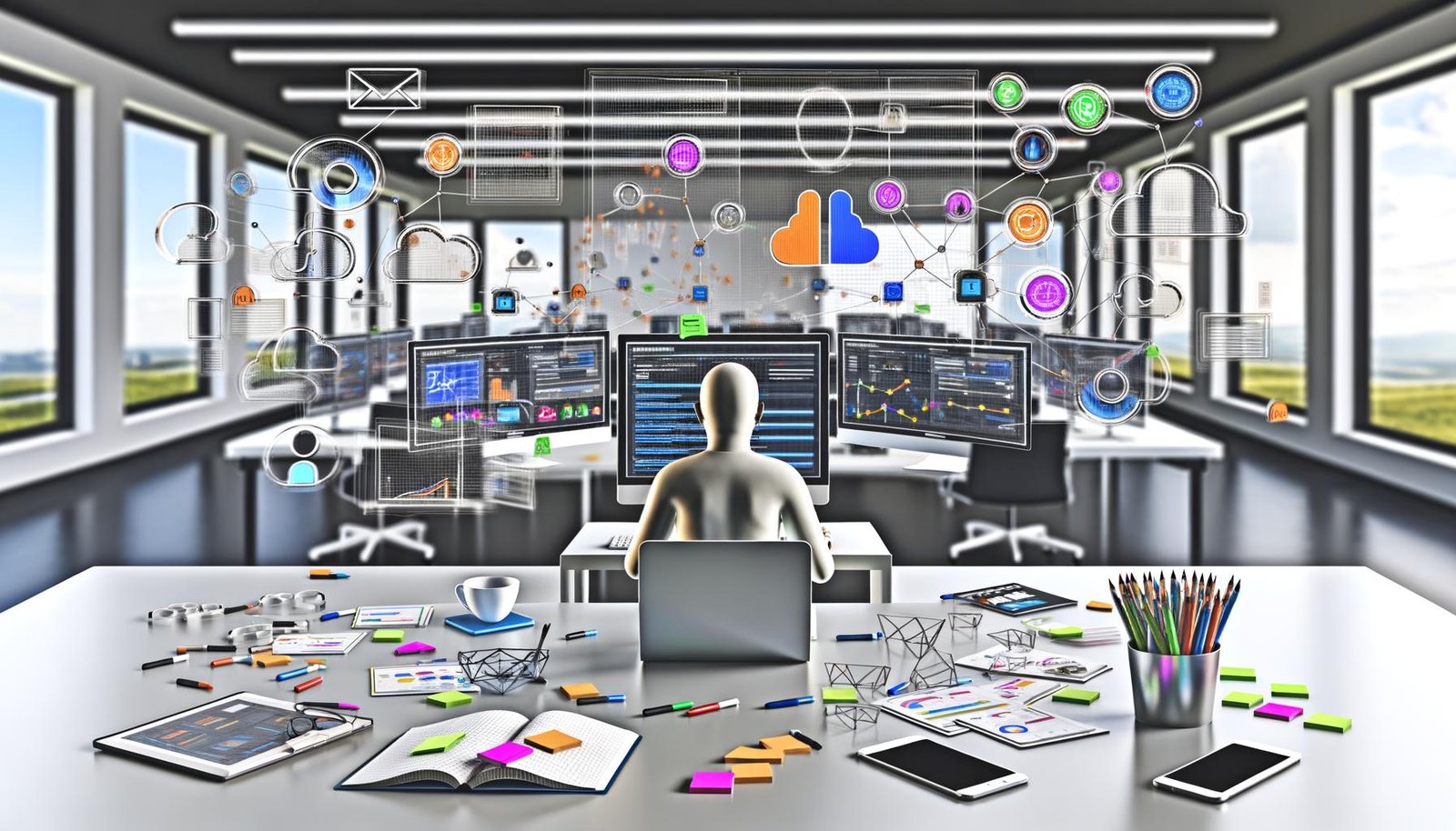 Ein Marketer arbeitet konzentriert an einem großen, hellen Schreibtisch voller Notizen und Geräte. Im Hintergrund Monitore mit komplexen Tracking-Dashboards, Heatmaps, Datencharts und abstrahierten Data Layer-Icons, umgeben von schwebenden Consent-Popups und digitalen Werbeanzeigen.