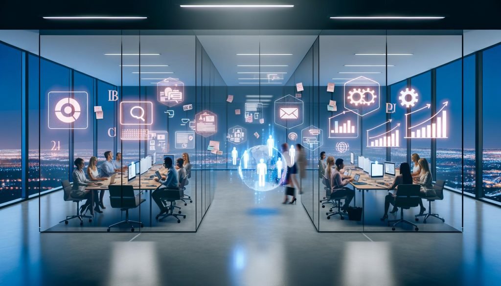 Modernes Marketing-Büro bei Dämmerung mit interaktiven Dashboards, Hologrammen und Zusammenarbeit von Experten zur Blog-Integration.