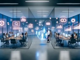 Modernes Marketing-Büro bei Dämmerung mit interaktiven Dashboards, Hologrammen und Zusammenarbeit von Experten zur Blog-Integration.