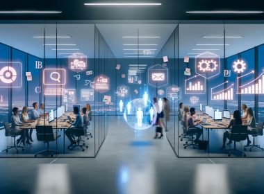 Modernes Marketing-Büro bei Dämmerung mit interaktiven Dashboards, Hologrammen und Zusammenarbeit von Experten zur Blog-Integration.