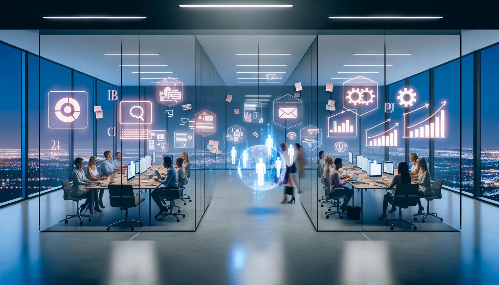 Modernes Marketing-Büro bei Dämmerung mit interaktiven Dashboards, Hologrammen und Zusammenarbeit von Experten zur Blog-Integration.