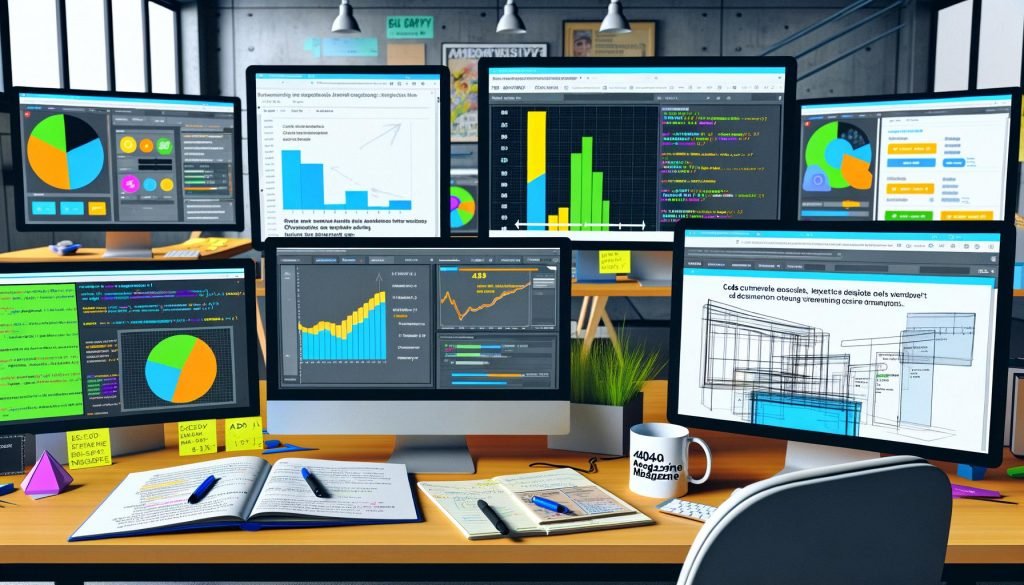 Moderner Arbeitsplatz mit Monitoren voller Ad-Analytics, Heatmaps, Code für Werbeplatzierung, digitalen Anzeigen und Notizbuch mit Yield-Optimierungsnotizen.