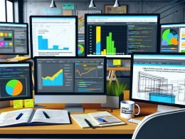Moderner Arbeitsplatz mit Monitoren voller Ad-Analytics, Heatmaps, Code für Werbeplatzierung, digitalen Anzeigen und Notizbuch mit Yield-Optimierungsnotizen.