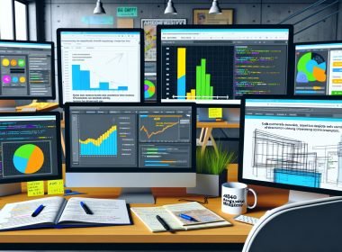 Moderner Arbeitsplatz mit Monitoren voller Ad-Analytics, Heatmaps, Code für Werbeplatzierung, digitalen Anzeigen und Notizbuch mit Yield-Optimierungsnotizen.