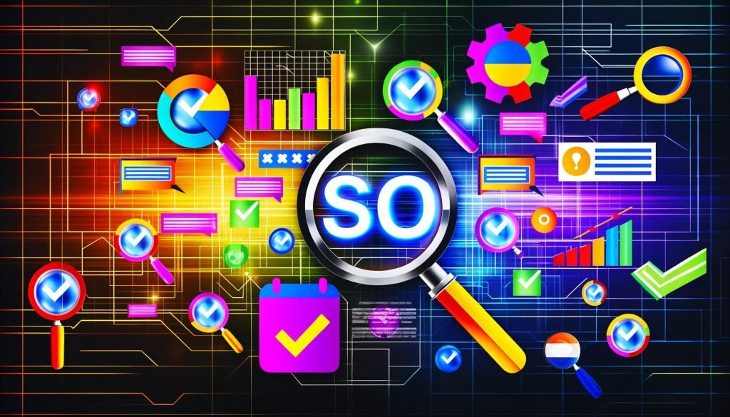 Kollage moderner SEO-Symbole, Dschungel mit beliebten kostenlosen SEO-Tools, produktiver Arbeitsplatz mit SEO-Workflow, Grenzen und Limitierungen kostenloser Tools, Workflow-Flussdiagramm, Vergleich zwischen Free-Tools und Premium-SaaS, Raketenstart mit Free-SEO-Tools-Banner.