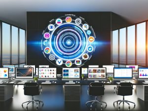 Modernes Büro mit großen Monitoren, die verschiedene Marketingkanäle und eine 360-Grad-Visualisierung der Customer Journey in Echtzeit darstellen.