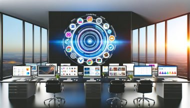 Modernes Büro mit großen Monitoren, die verschiedene Marketingkanäle und eine 360-Grad-Visualisierung der Customer Journey in Echtzeit darstellen.
