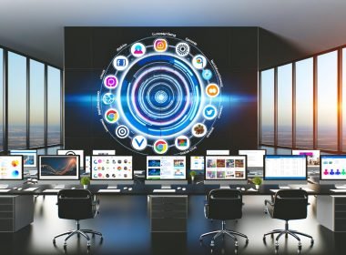 Modernes Büro mit großen Monitoren, die verschiedene Marketingkanäle und eine 360-Grad-Visualisierung der Customer Journey in Echtzeit darstellen.