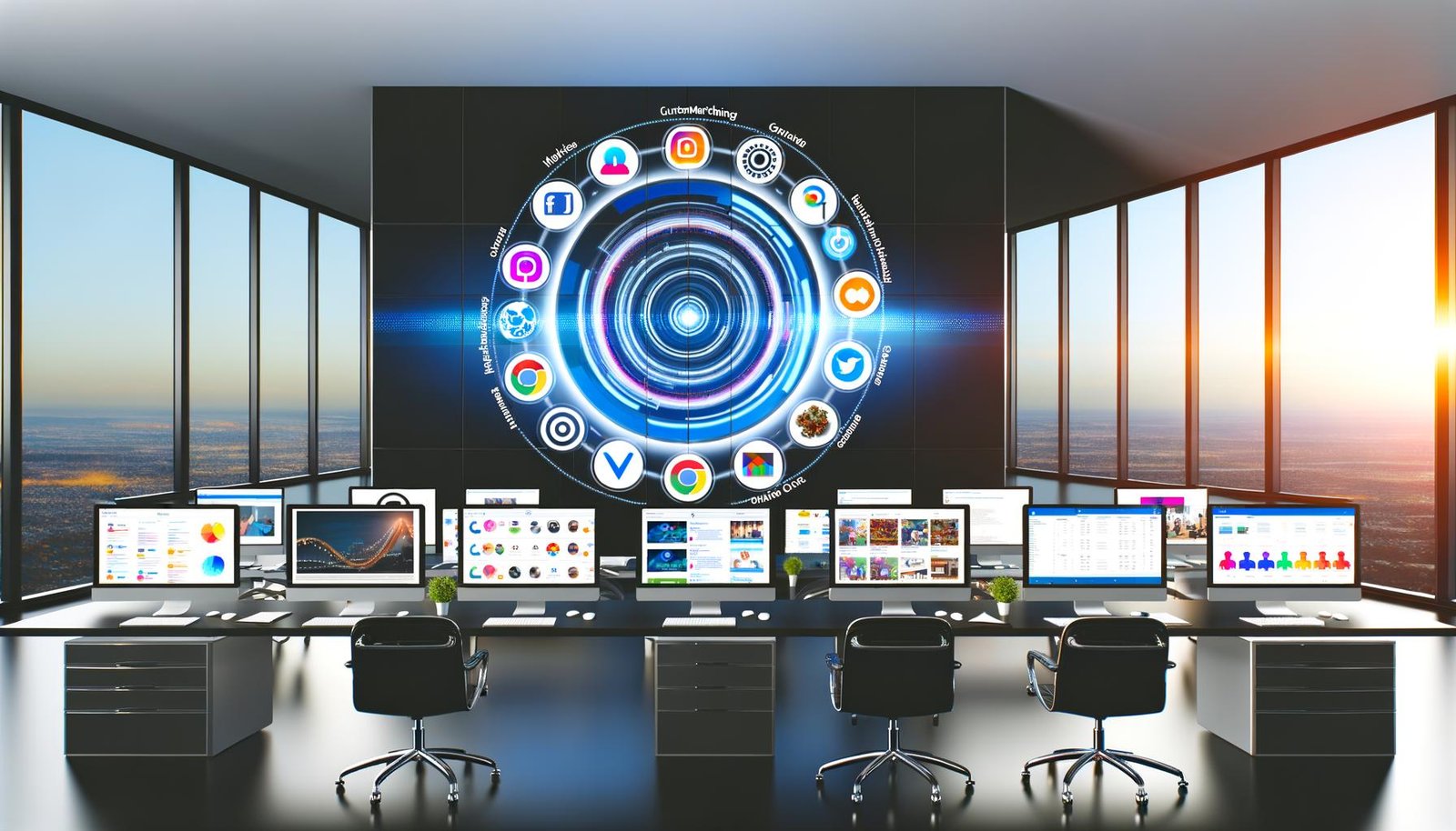 Modernes Büro mit großen Monitoren, die verschiedene Marketingkanäle und eine 360-Grad-Visualisierung der Customer Journey in Echtzeit darstellen.