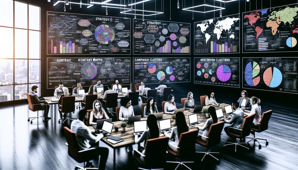 Digital-Marketing-Team analysiert SEO-Dashboards, Content Maps und Kampagnenstrategien in einem modernen Büro mit Whiteboards und großen Monitoren.