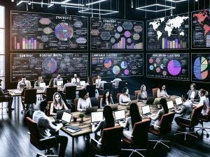 Digital-Marketing-Team analysiert SEO-Dashboards, Content Maps und Kampagnenstrategien in einem modernen Büro mit Whiteboards und großen Monitoren.