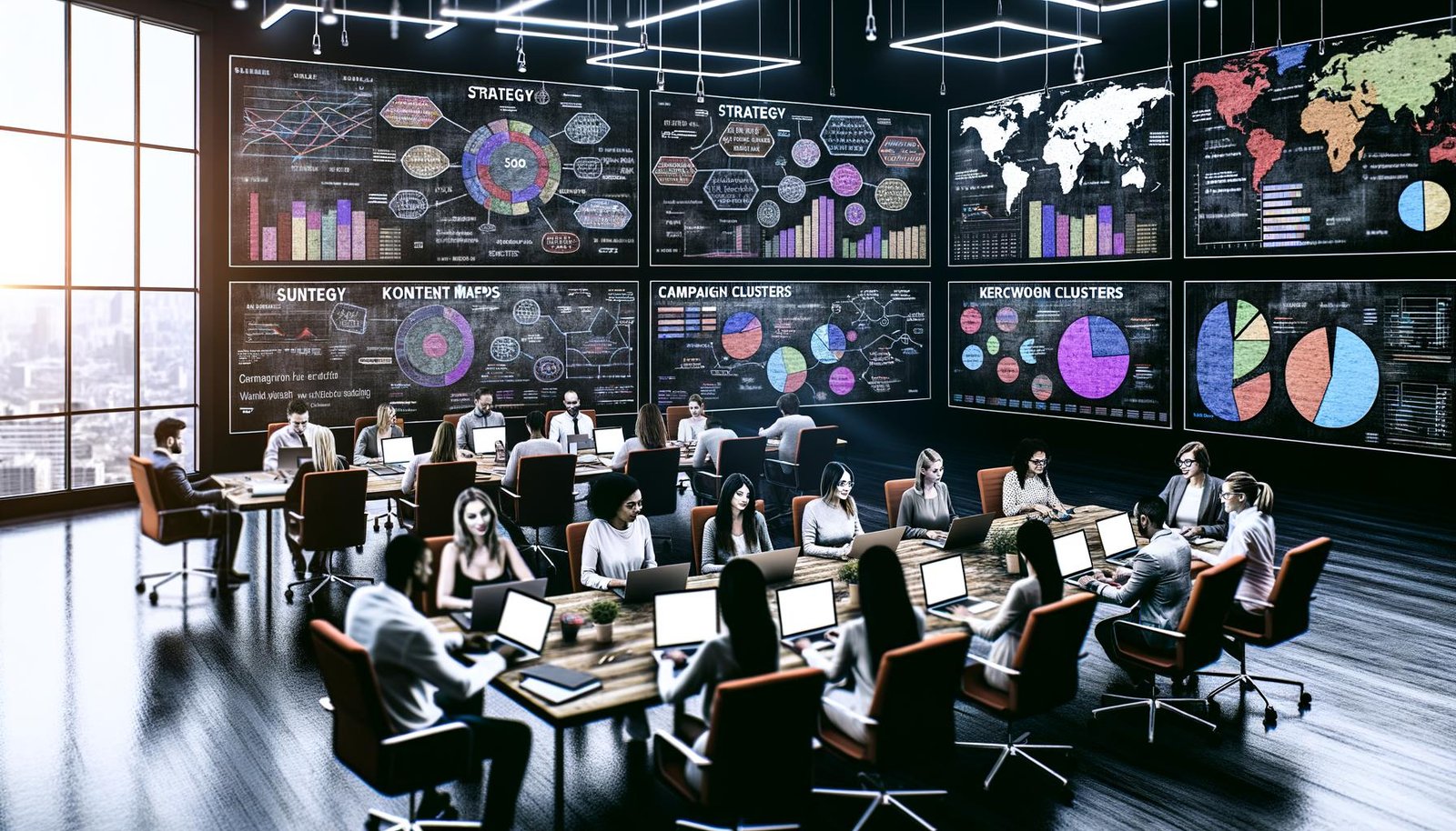 Digital-Marketing-Team analysiert SEO-Dashboards, Content Maps und Kampagnenstrategien in einem modernen Büro mit Whiteboards und großen Monitoren.