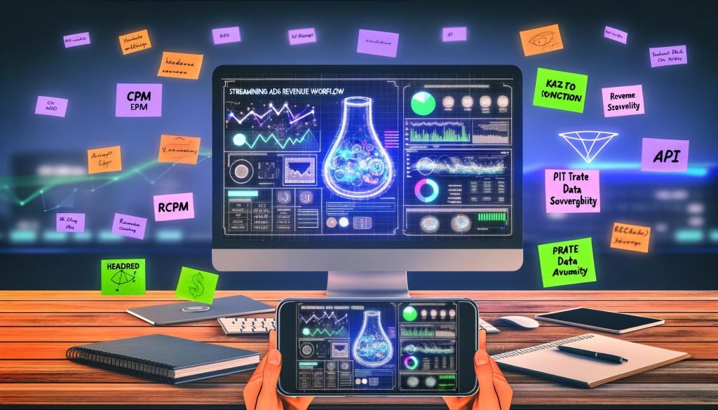 Moderner Arbeitsplatz mit großem Monitor, Dashboard für Anzeigenumsätze, KPIs und Ad-Tech-Begriffen wie Header Bidding, RTB und Datenhoheit, Handy mit Alerts zu Umsatzströmen im Vordergrund.