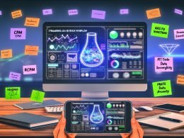 Moderner Arbeitsplatz mit großem Monitor, Dashboard für Anzeigenumsätze, KPIs und Ad-Tech-Begriffen wie Header Bidding, RTB und Datenhoheit, Handy mit Alerts zu Umsatzströmen im Vordergrund.