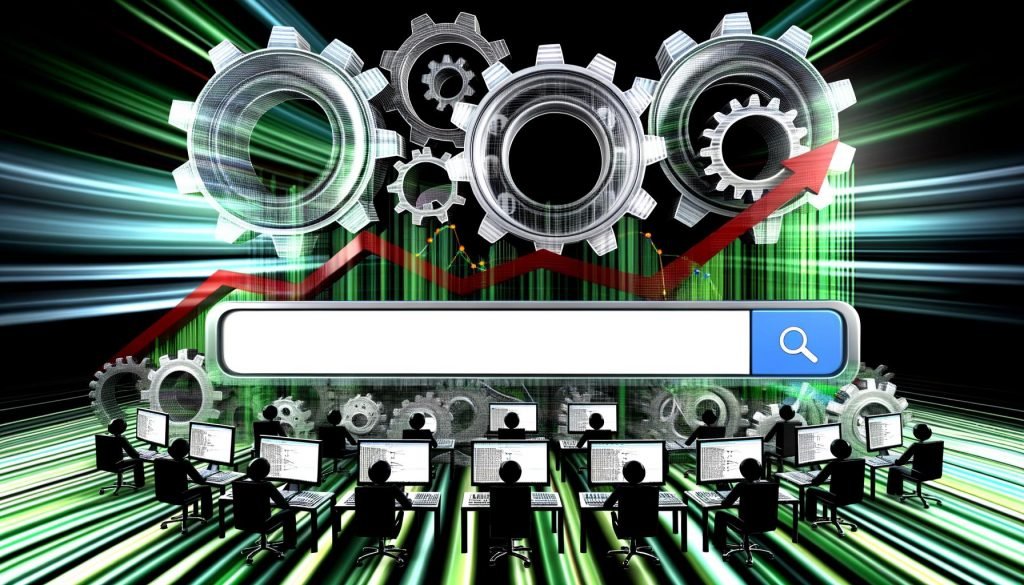 Modernes Editorial-Layout mit imposanter Google-Suchleiste, großen Algorithmus-Zahnrädern, Circuit-Board-Elementen, blinkenden Trendpfeilen, SEO-Experten an Monitoren und digitalen Wellen im Hintergrund.