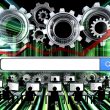 Modernes Editorial-Layout mit imposanter Google-Suchleiste, großen Algorithmus-Zahnrädern, Circuit-Board-Elementen, blinkenden Trendpfeilen, SEO-Experten an Monitoren und digitalen Wellen im Hintergrund.