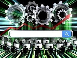 Modernes Editorial-Layout mit imposanter Google-Suchleiste, großen Algorithmus-Zahnrädern, Circuit-Board-Elementen, blinkenden Trendpfeilen, SEO-Experten an Monitoren und digitalen Wellen im Hintergrund.
