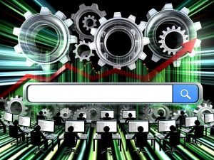 Modernes Editorial-Layout mit imposanter Google-Suchleiste, großen Algorithmus-Zahnrädern, Circuit-Board-Elementen, blinkenden Trendpfeilen, SEO-Experten an Monitoren und digitalen Wellen im Hintergrund.